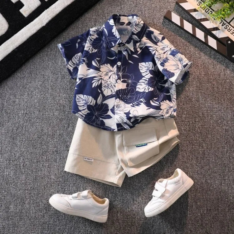 Retro Floral Print Boy's Short Sleeve Shirt Kids Summer Clothing Trendy Stylish Beach Vacation Top for Children Ages 3-10