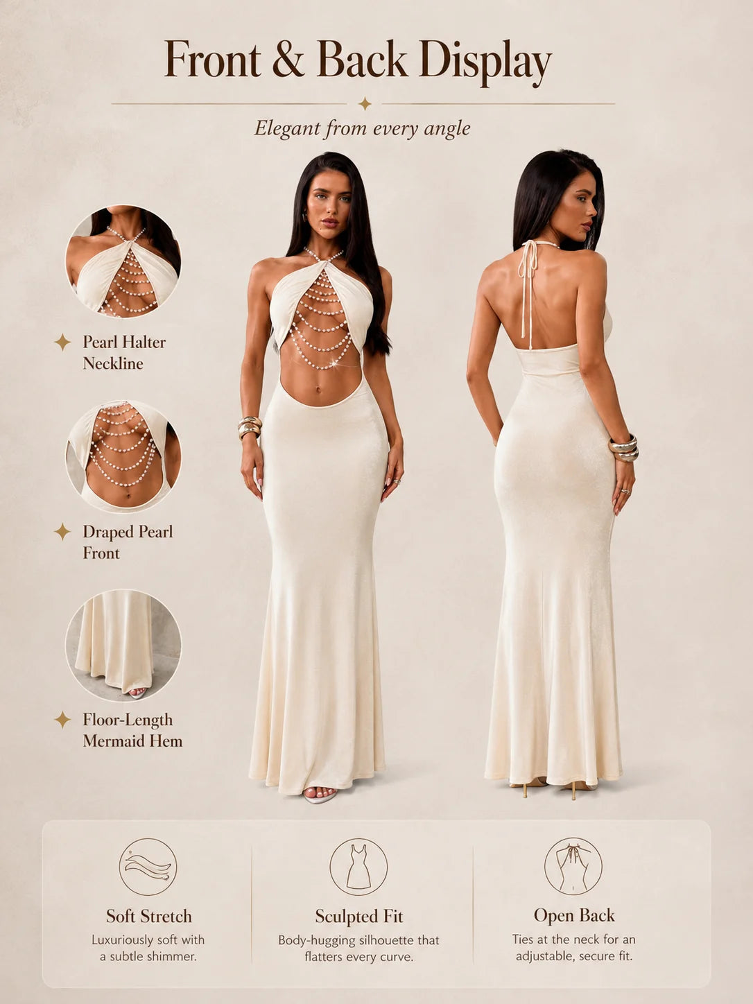Halter Neck Cutout Bodycon Maxi Dress for Women, Pearl Chain Decor Sleeveless Backless Mermaid Dress Clubwear Cocktail Party Outfit