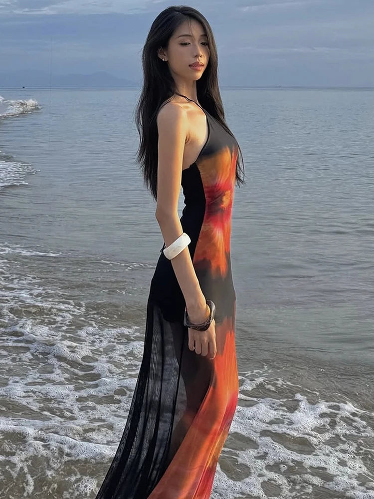 Weird Puss Beach Vacation Dress Women See Through Flower Print Halter Backless Bandage Sleeveless Party Club Stretch  Bodycon
