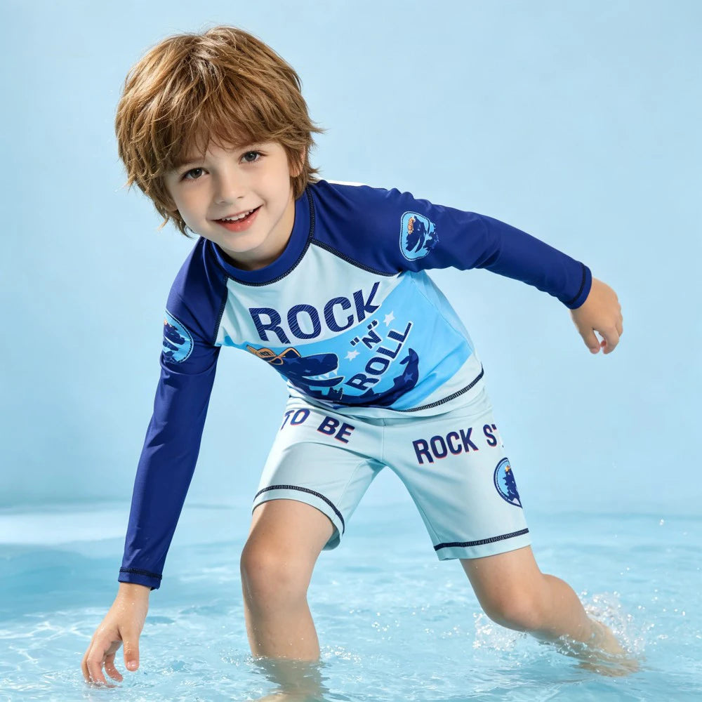 2Pcs Kids Long Sleeve Swimwear Set Boys Girls Cartoon Rash Guard Swimsuit Sun Protection Beachwear for Children Toddlers