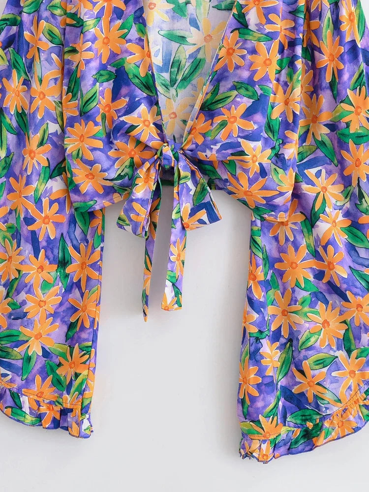Boho Queens Sun Flower Beach Summer Short Kimono Women 2025 Ruffles Flare Sleeves Vacation Bohemian Bikini Cover-ups