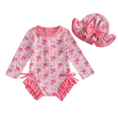 1-4T Children Baby Girl Rash Guard Swimsuit Long Sleeve Bow Plaid Print Bathing Suit Infant Swimwear with Sun Hat