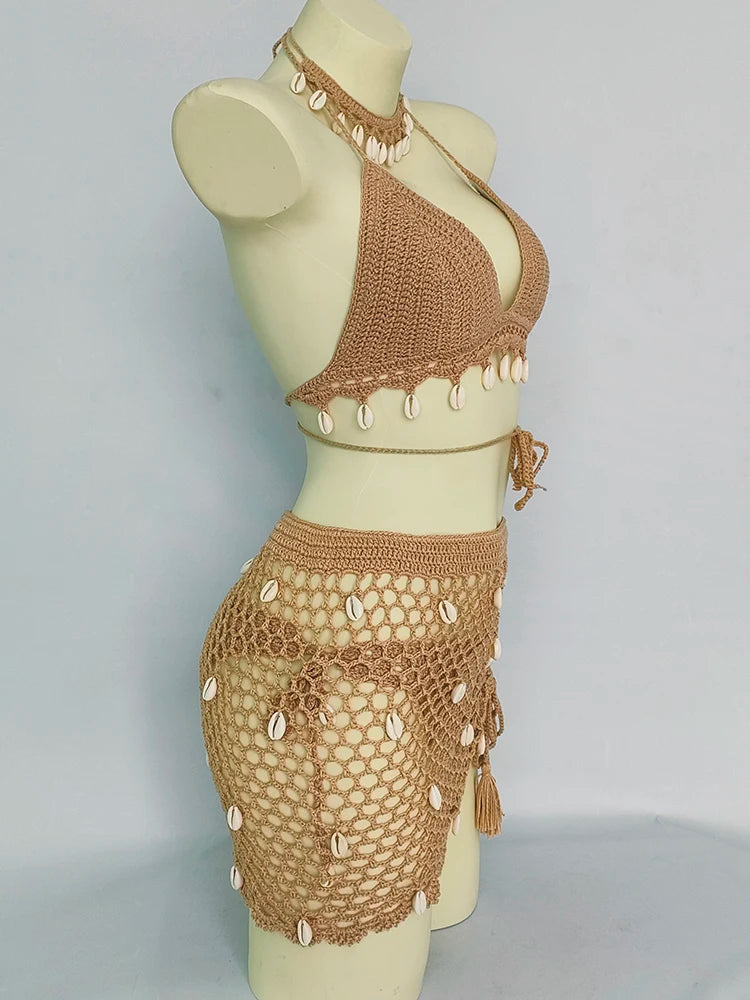 Women Beach Wear Swimsuit Cover-Ups Boho Summer See-Through Hollow Out Bandage High Waist Short Beach Skirt Crochet Knit Skirts