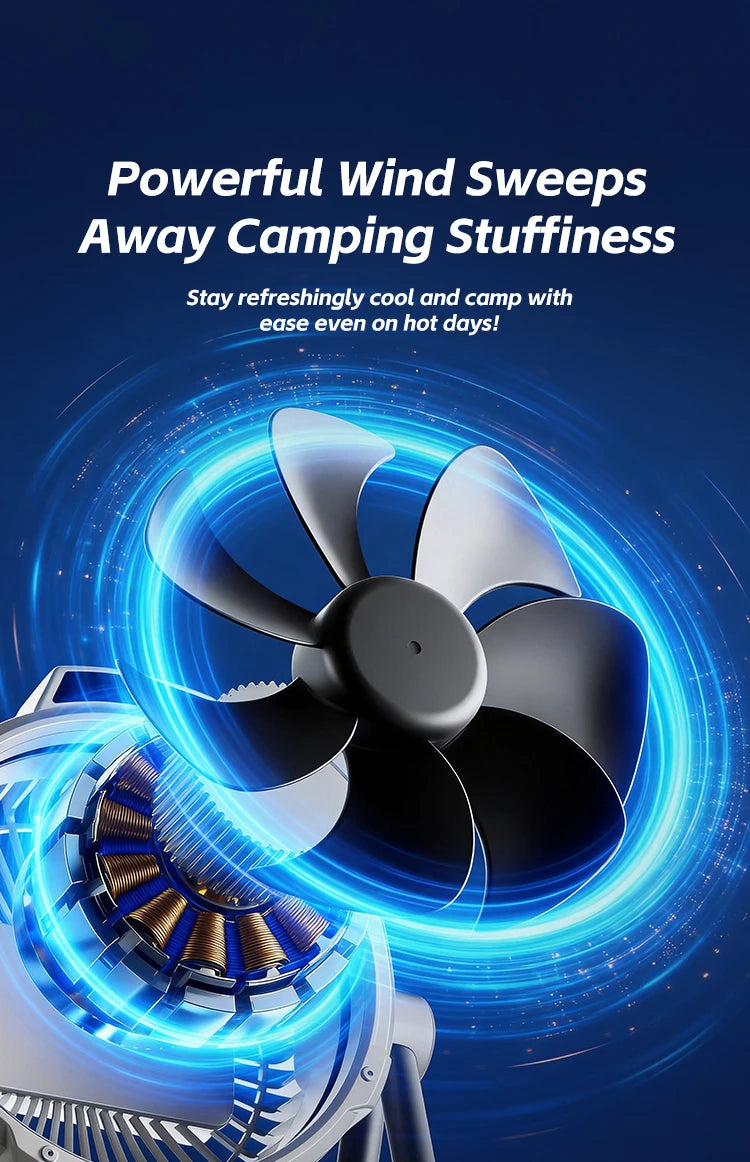 Portable 6 in 1 Outdoor Camping Fan 10000mAh Rechargeable Wireless Tent Ceiling Fan 5 Speed Adjustment Remote Control LED Light