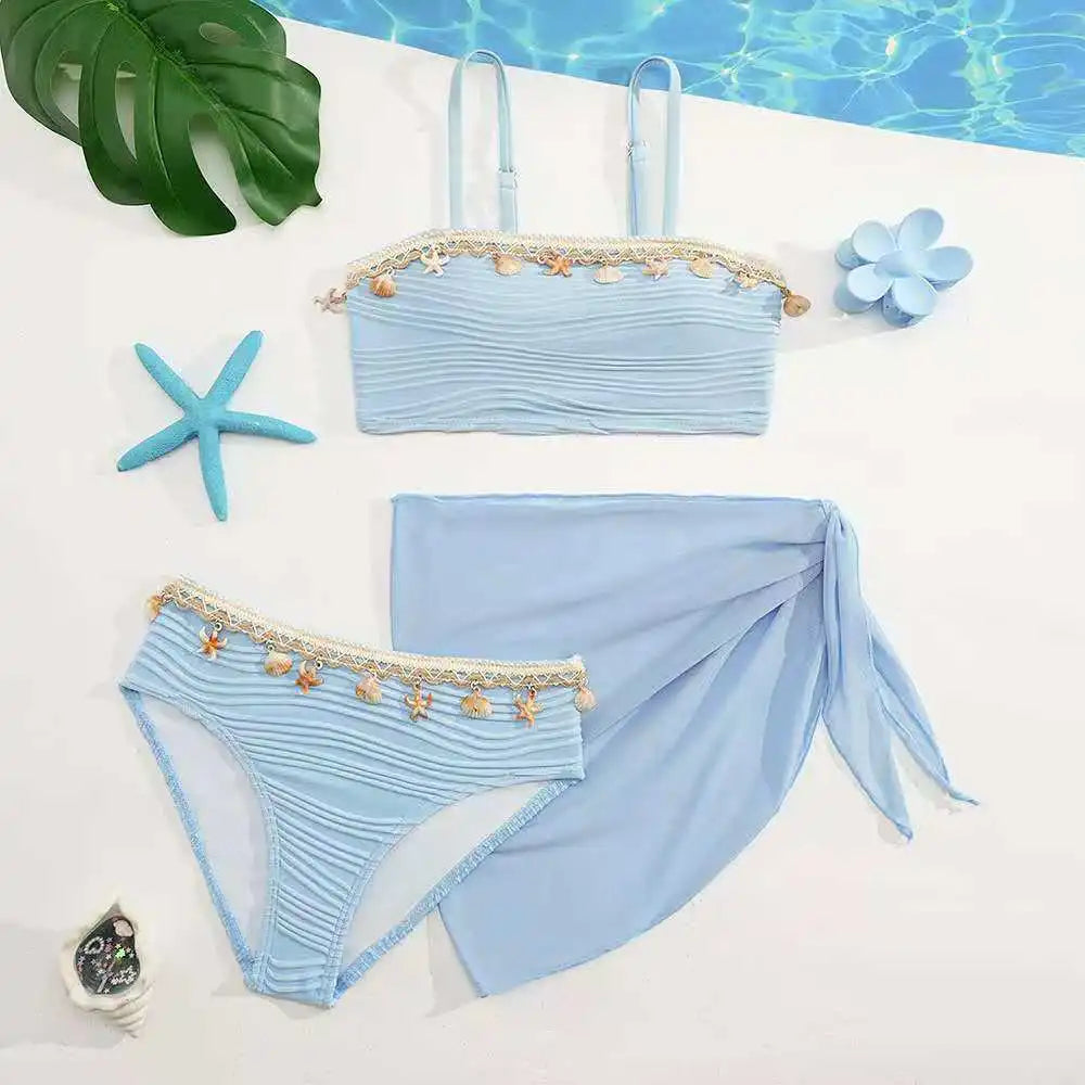 2026 Strappy Girls Swimsuit 3 Pieces Bikini & Skirt Bandeau Kids Swimwear Female Children's Bathers Bathing Swimming Swim Suit