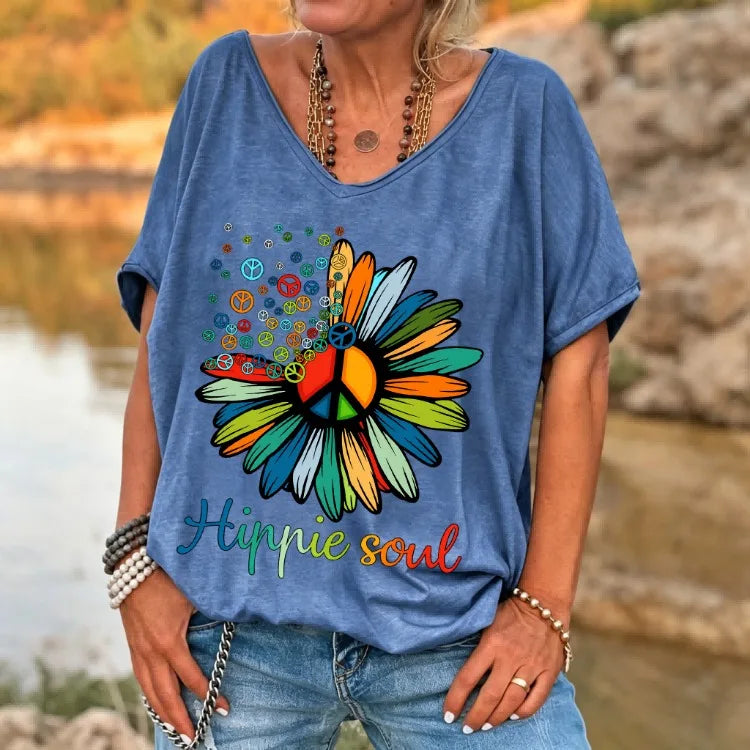Ilstile Women's Hippie Soul Peace Daisy T-Shirt Retro Boho Flower Print V-Neck Short Sleeve Loose Fit Casual Summer Top