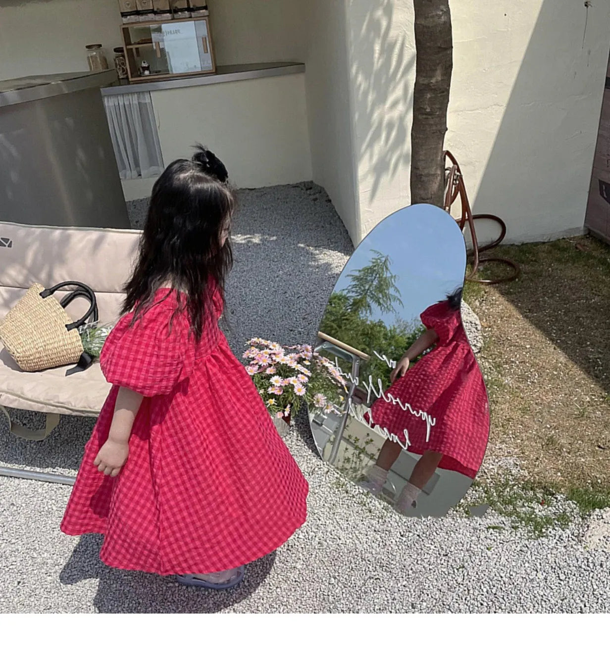 2025 New Children's Dress Girls' Summer Korean Edition Fashion Bubble Sleeves Checkered Strap backless Dress 1-6Y