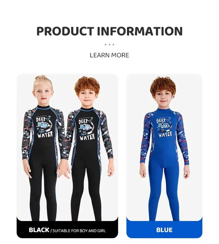 Girl Boy Swimwear Zipper One Piece Suit Kids Sunscreen Quick Drying Long Swimsuit Beachwear Bathing Suit(Including Swimming Cap)