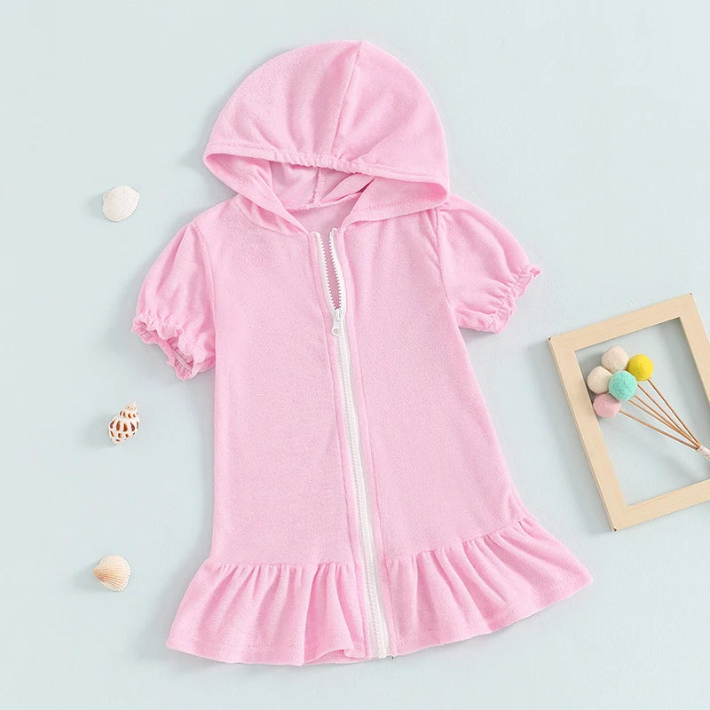 Girls Swimwear Cover-ups Solid Color Short Sleeve Zipper Ruffle Beach Dress Toddler Bathing Suit Kids Bikini Cover Up 1-8Y