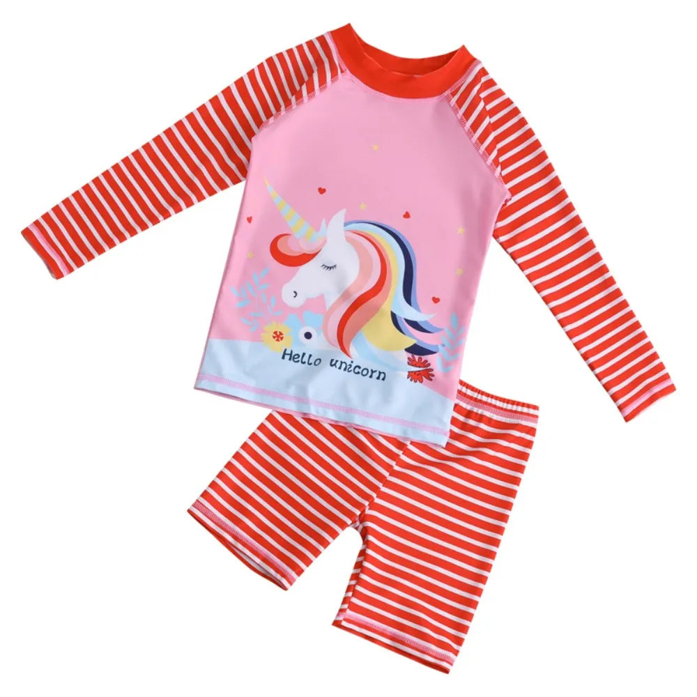 2Pcs Kids Long Sleeve Swimwear Set Boys Girls Cartoon Rash Guard Swimsuit Sun Protection Beachwear for Children Toddlers