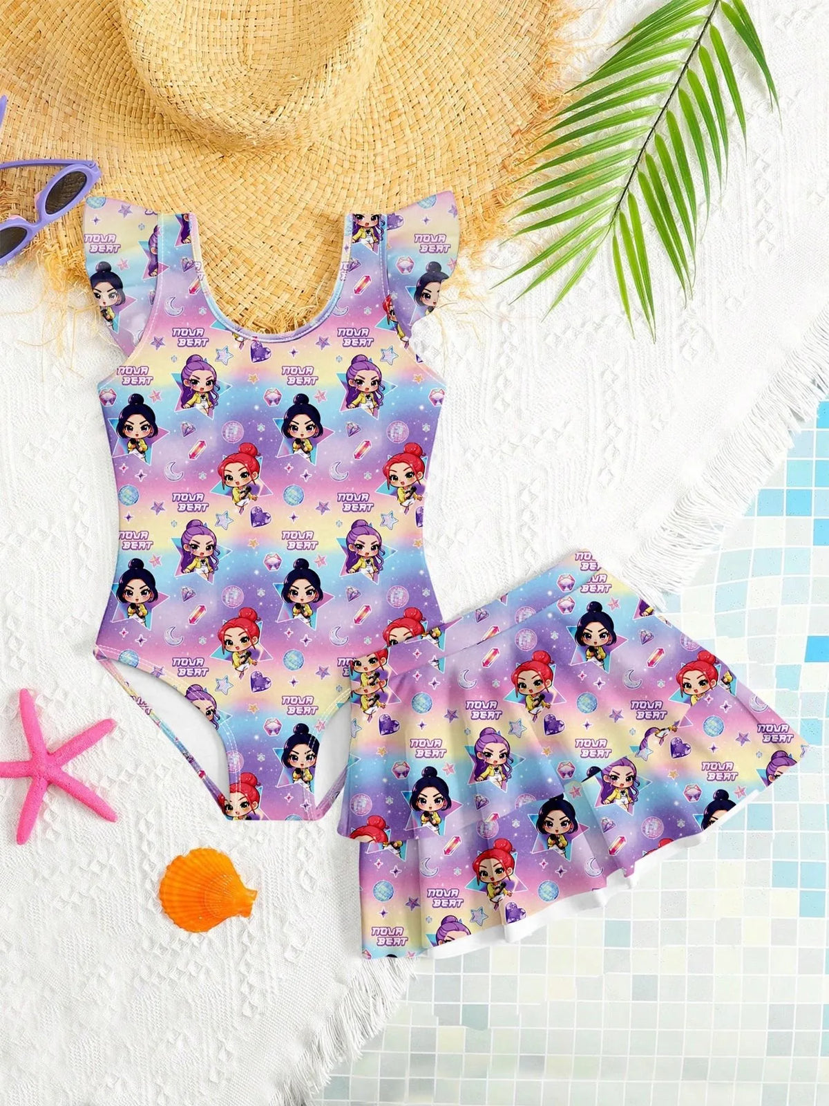 Sweet Girls 2 Pieces Swimwear Cute Cartoon Ruffle Sleeve Bikini Set with Skirt Children Vacation Bathing Suit