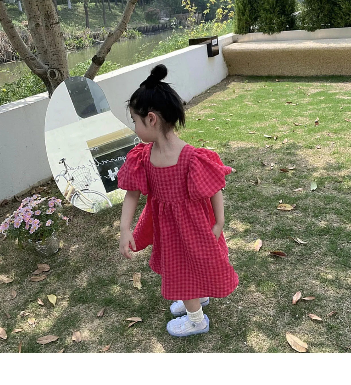 2025 New Children's Dress Girls' Summer Korean Edition Fashion Bubble Sleeves Checkered Strap backless Dress 1-6Y