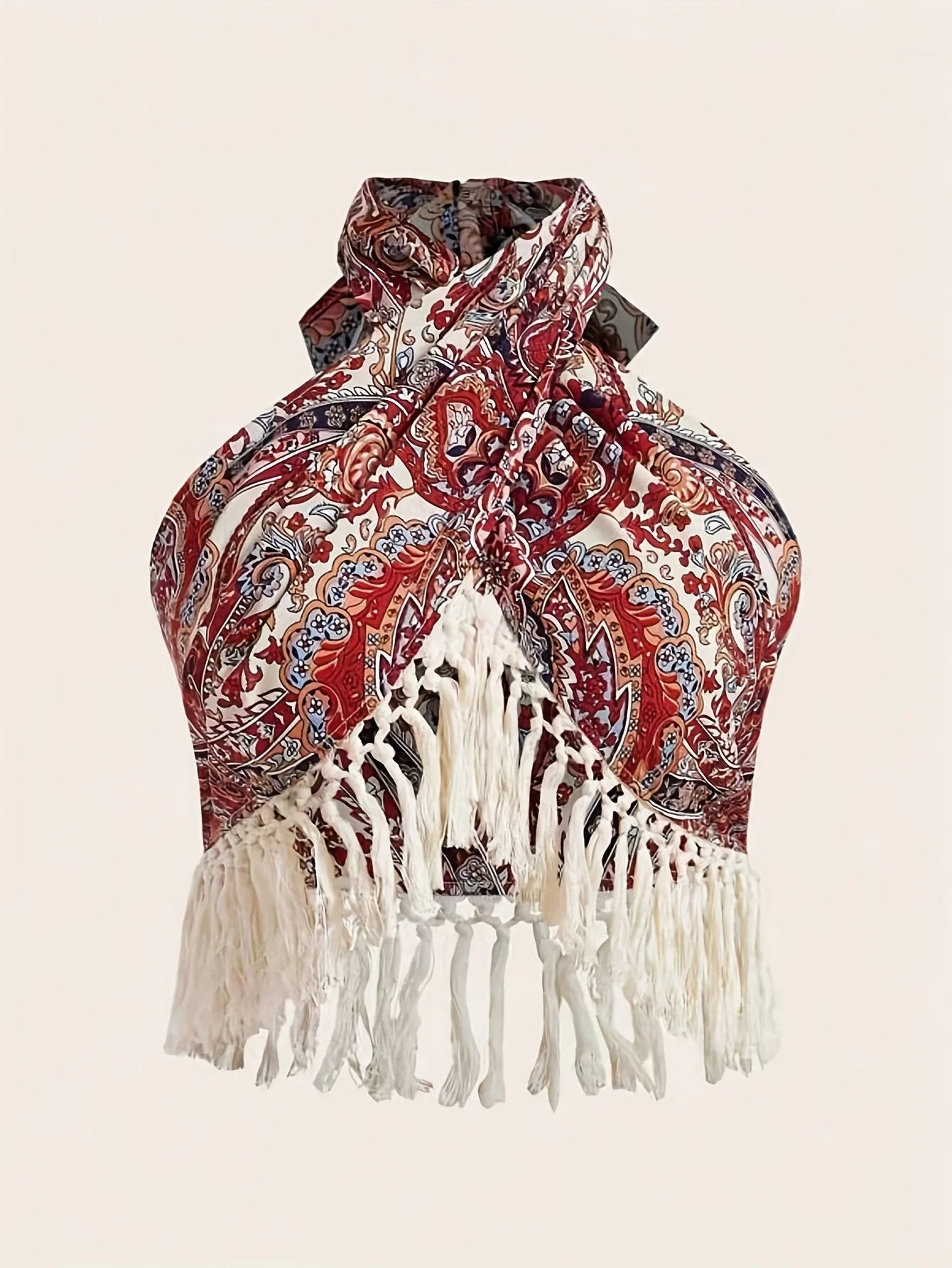 Paisley Print Fringed Edge Butterfly Knot Tie Back Hanging Neck Top Women's Bohemian Style off Shoulder Casual Fashion