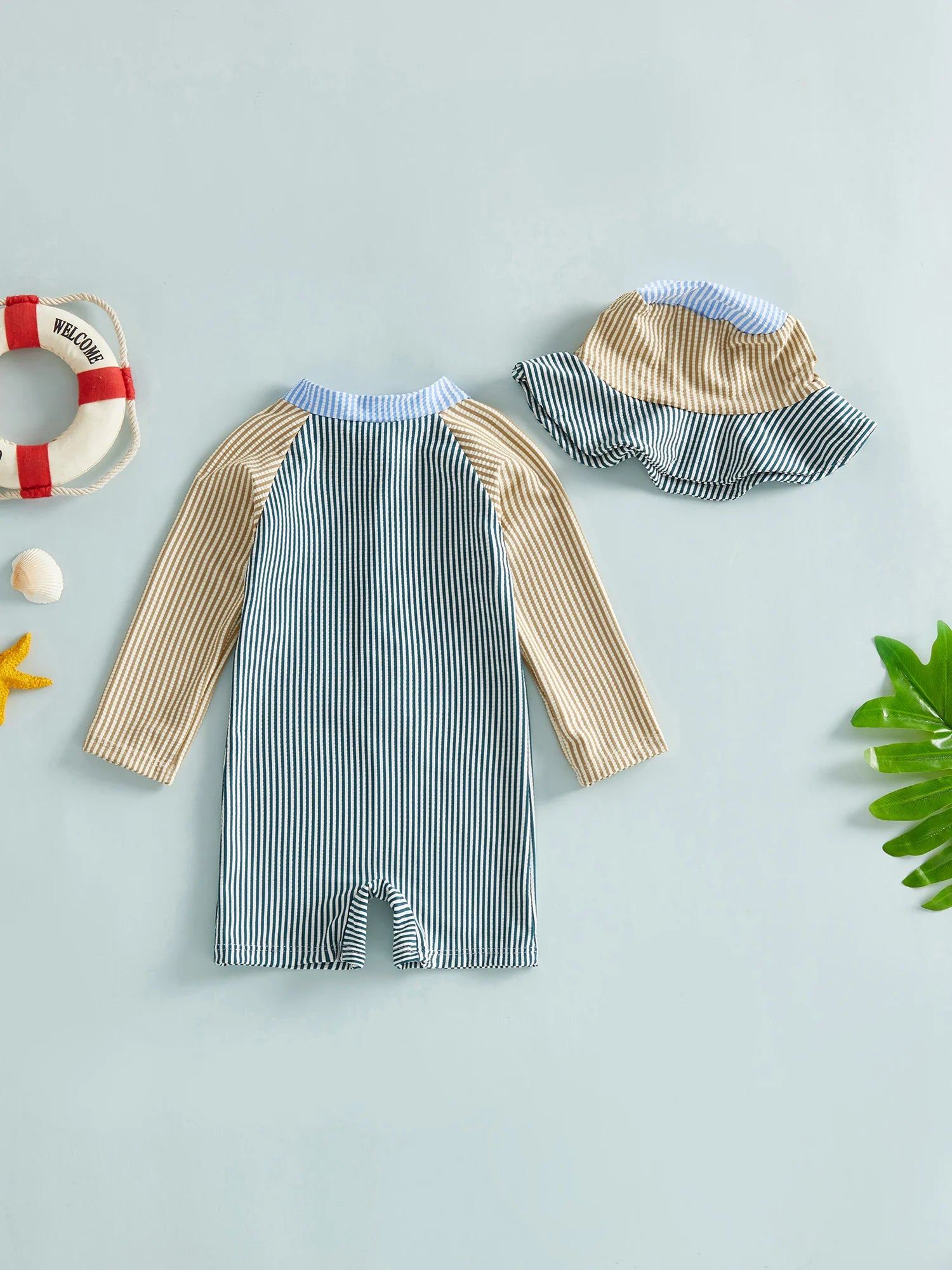 0-24M Newborn Baby Boy Rash Guard Swimsuits Contrast Color Stripes Print Long Sleeve Zip Up Bathing Suit with Sun Cap