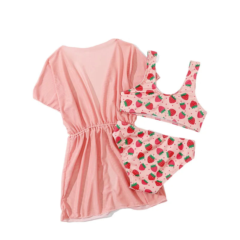 Girls Swimsuit 3 Pieces Swimwear for Kids Summer 2026 Children Bathsuits Beach Cover-Ups Bikini Sets Teenager Clothing