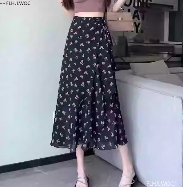 Wrap Up Chic Korea Clothes Women Cute Girls Floral Robe Holiday Beach Date High Waist Retro Vintage One-Piece Lace-Up Skirts