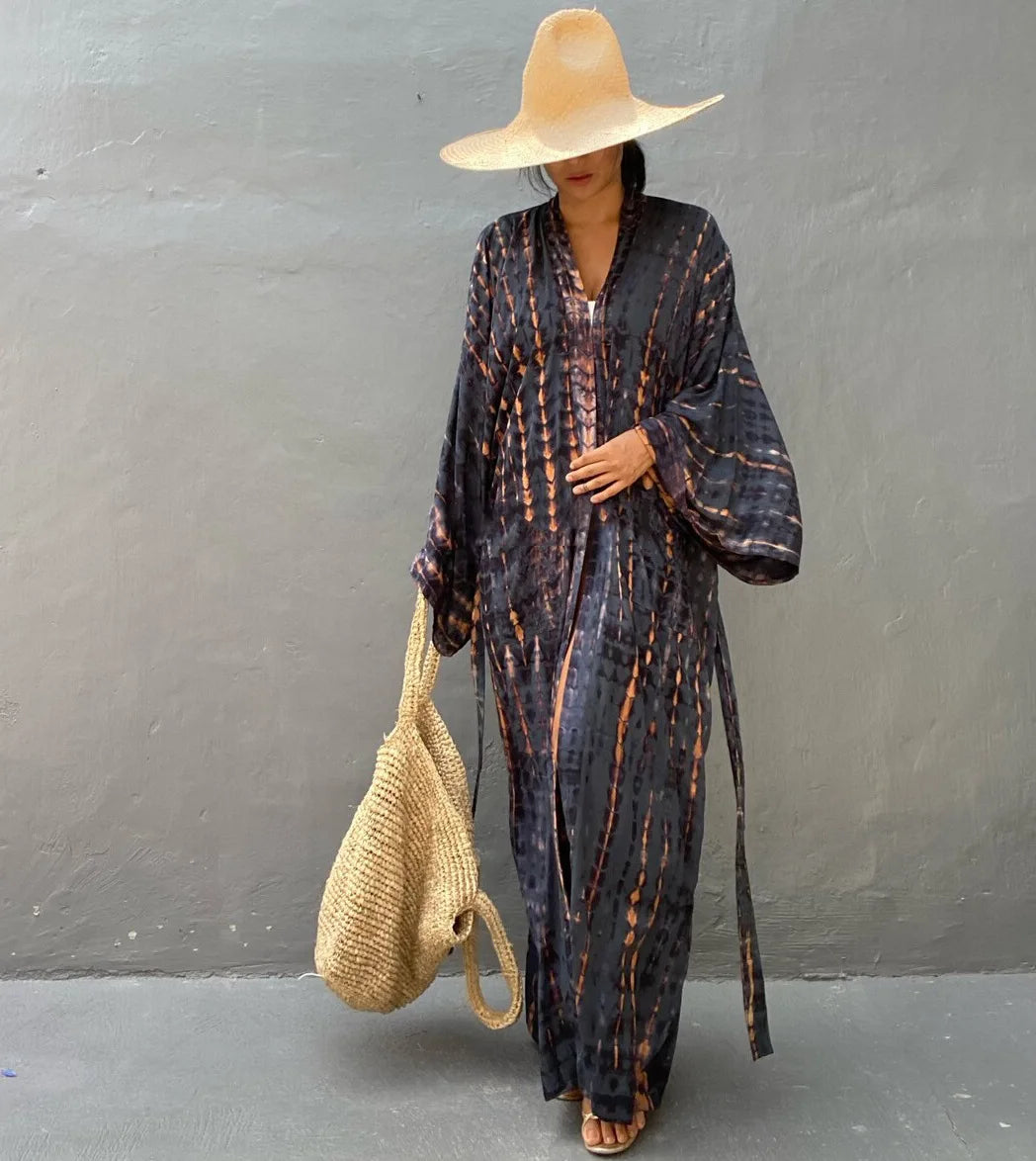 Women's Boho Stripe Tie Dye Swimsuit Cover Up with Belt Tunic Sarong Cardigan Dress Bikini Cover-ups Beach Wear Kimono