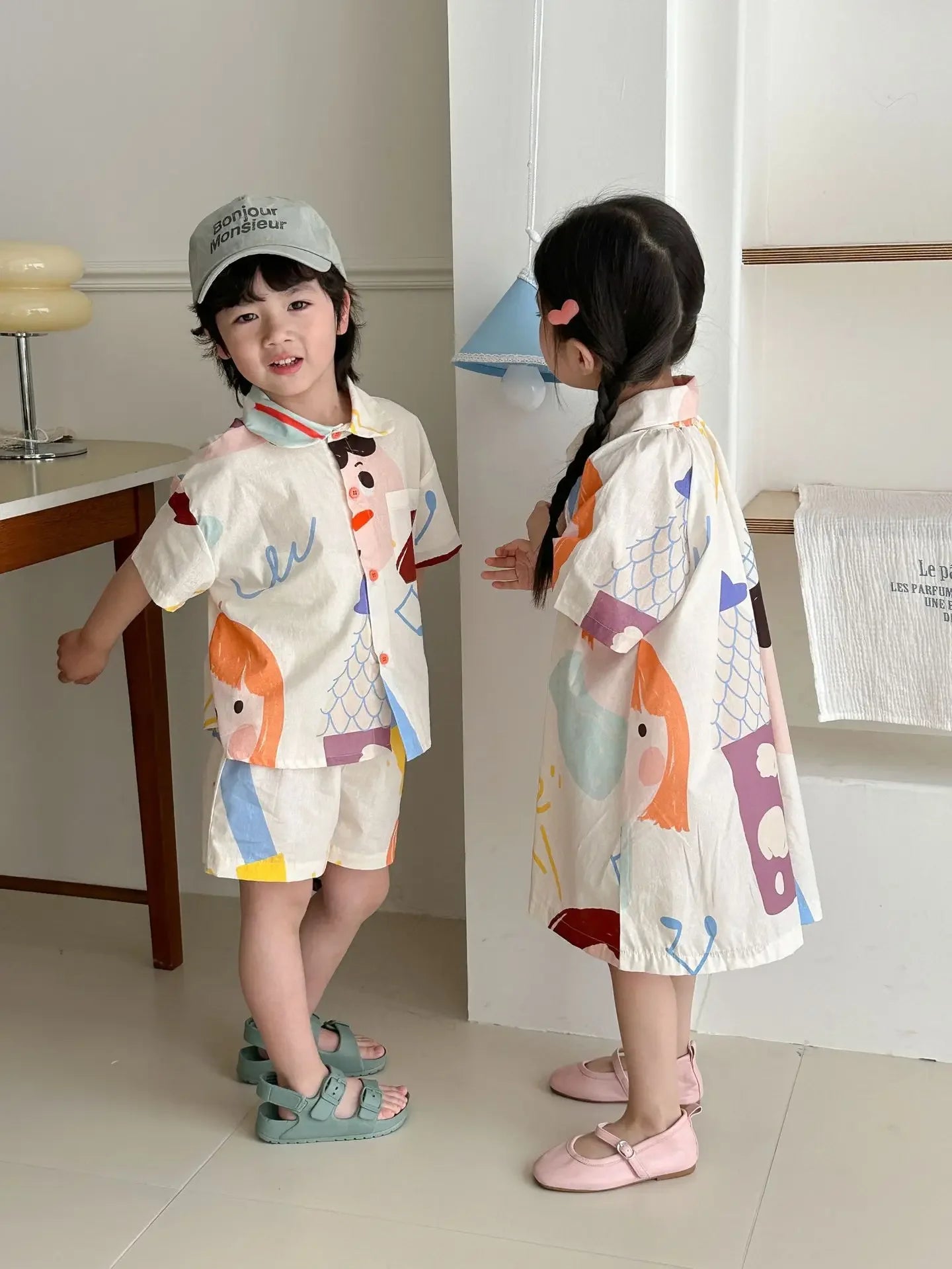 Kids Set Brother And Sister Clothes 2025 Summer New Boy's Two Piece Suit Or Short Sleeve Girl's Graffiti Dress Cartoon Clothes