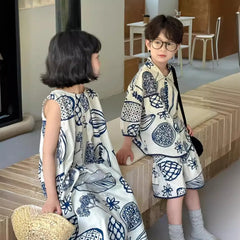 22386-1 Brother Sister Clothes  Boy's Summer Suit Girl's Dress Or Casual Short-sleeved Shirt+Shorts Two-piece Suit