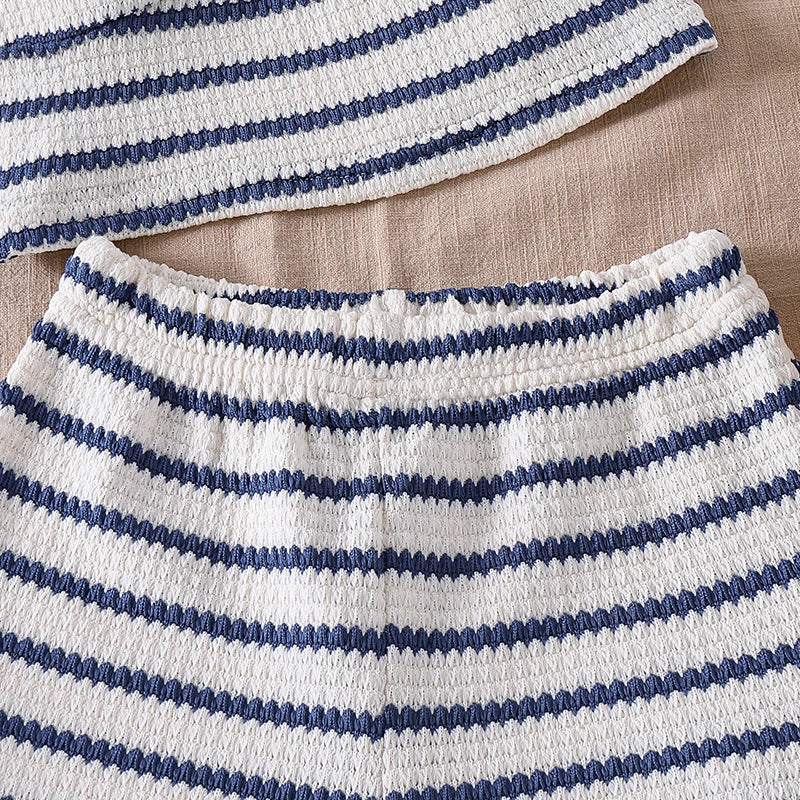 Girls 8-12 Casual 2-Piece Set, Navy Blue White Striped Halter Crop Top & Matching Elastic Waist Shorts, Beachy for Daily Summer