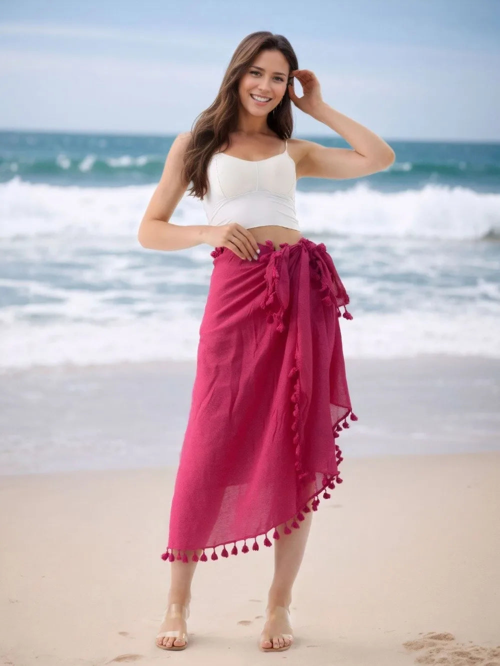 Solid Color Beach Wrap Skirt Sheer Design Quick Drying Sarong Beach Towel Knot Side Tassel Trim Bikini Cover Up