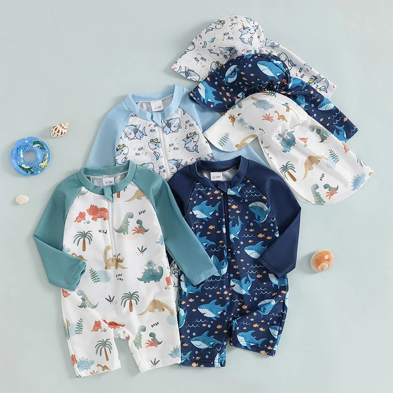 1-4T Toddler Boys Rash Guard Swimsuit Dinosaur/Shark Print Long Sleeve Zip Bathing Suit with Swim Cap