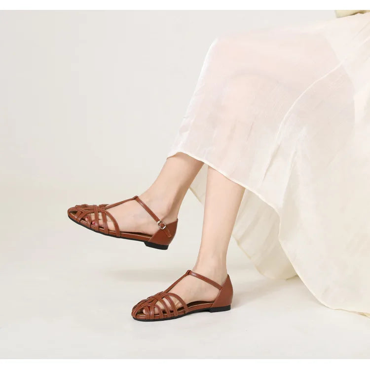 ZAROY Women's Sandals Summer Casual Footwear T-tied Cross Strap Flat Sandals Weave Hollow Roman Sandalia Zapatos сандали