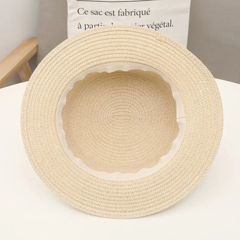 COKPanama Simple Summer Beach Sun Protection Bowknot French-style Small Hat Women's Casual Flat-Brimmed Straw Hat with Bow，Women