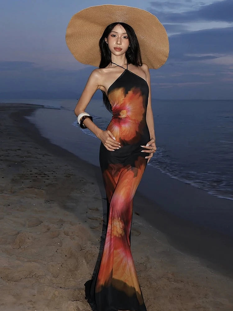 Weird Puss Beach Vacation Dress Women See Through Flower Print Halter Backless Bandage Sleeveless Party Club Stretch  Bodycon