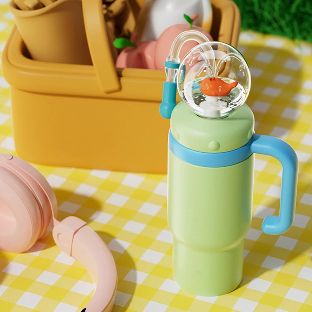 710ML Stainless Steel Whale Fountain Tumbler with Handle Leak Proof Whale Squirt Drinking Cup Water Bottle with Straw Creative G