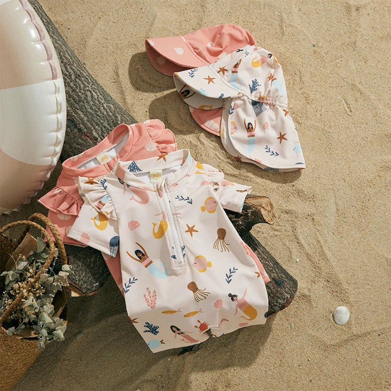 MISOWMNJOY Infant Baby Girl Summer Swimsuit Rash Guard Kids Beachwerar Short Sleeve Mermaid Kids Bathing Suit with Swim Cap