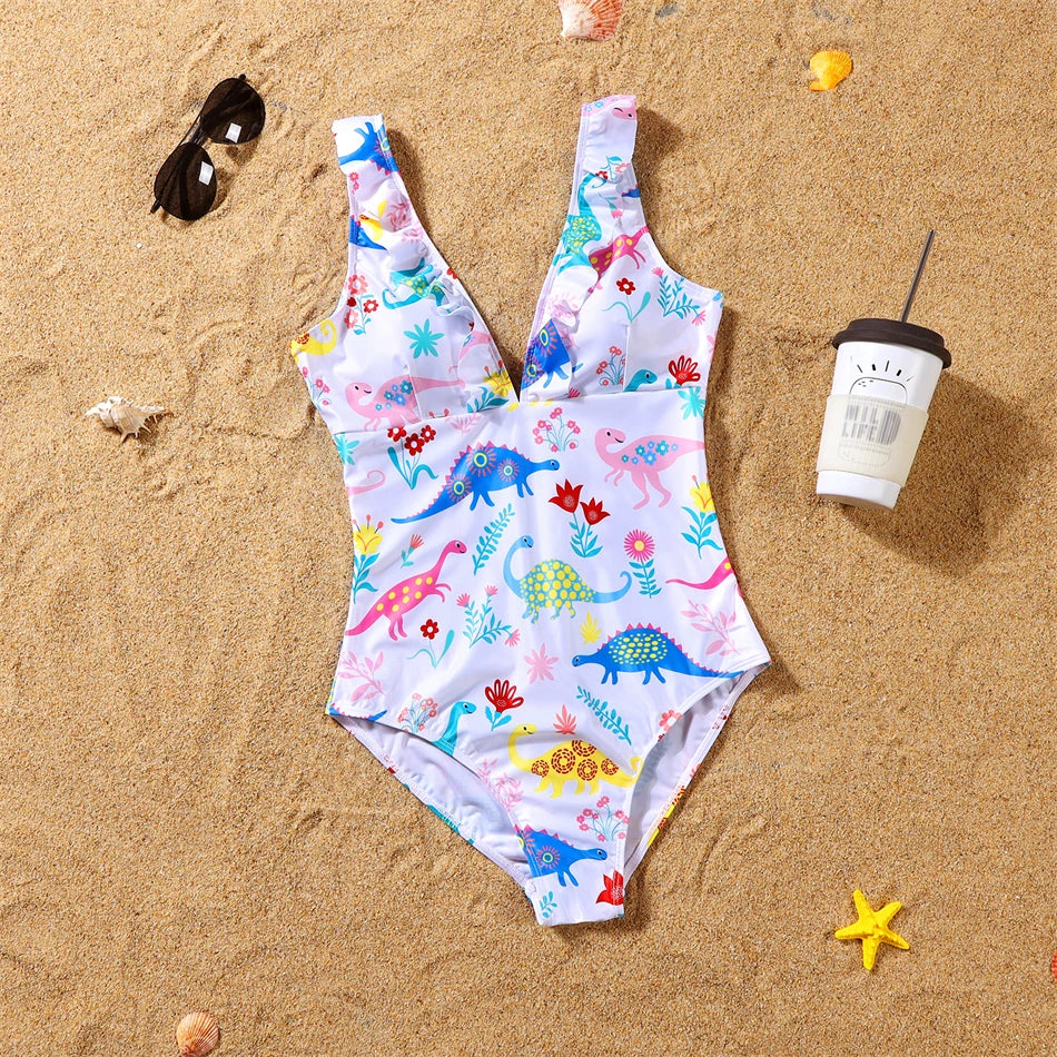 Dinosaurs Swimwear Family Matching Outfits V-Neck Mother Daughter Swimsuits Mommy and Me Dresses Clothes Father Son Swim Shorts
