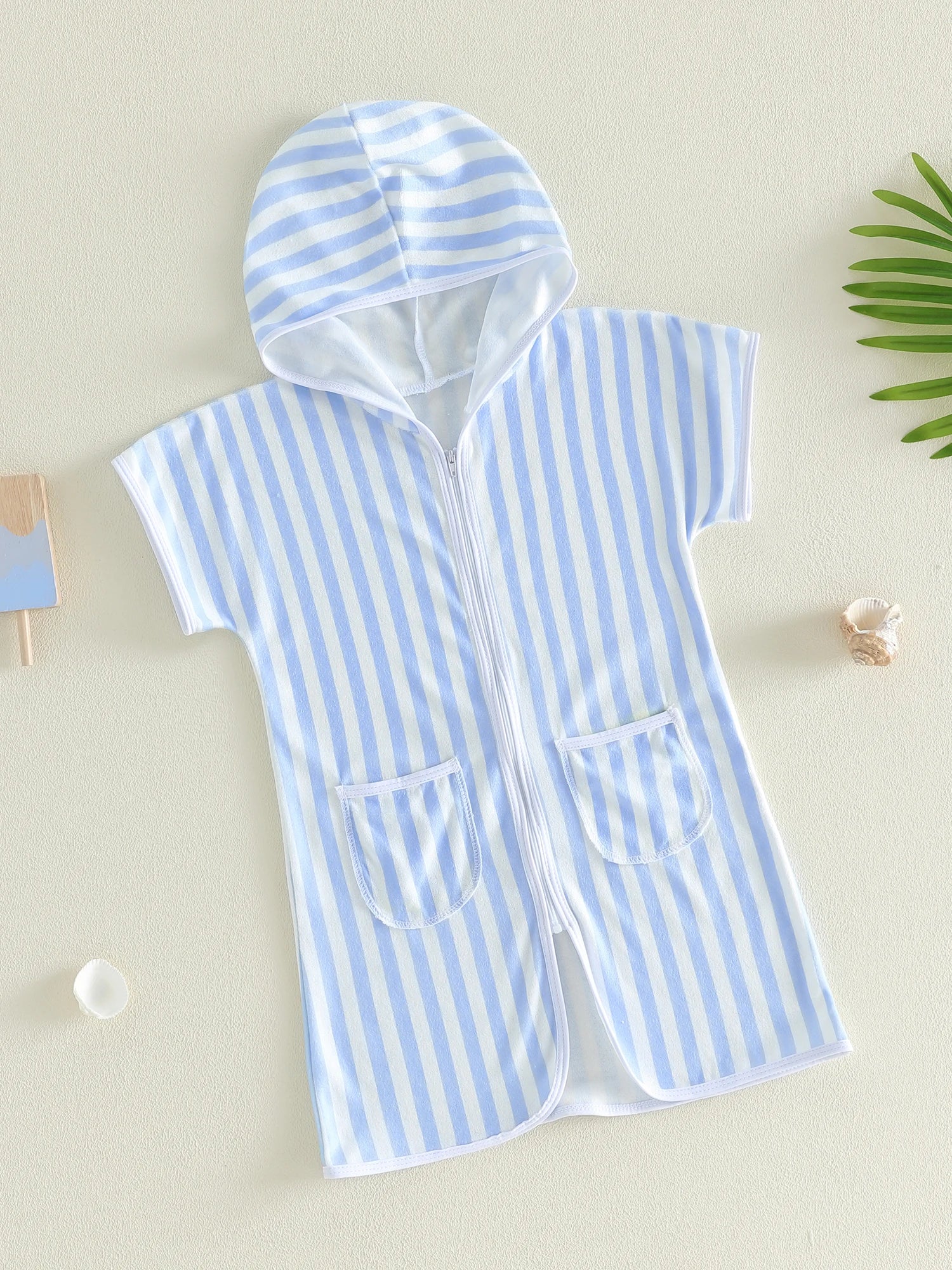1-6Y Kids Swimwear Cover-ups Striped Zip Up Short Sleeve Hooded Robe Shawl for Beach Pool for Boys Girls Swimsuits