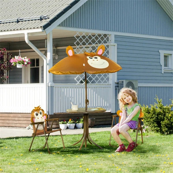 Cute Monkey Kids Patio Table Chair Set with Removable Cartoon Sun Umbrella, Foldable Portable Outdoor Toddler Furniture, 2 Folding Chairs Round Metal Table, Space Saving Kids Play Dining Set for Backyard Garden Lawn Picnic Be