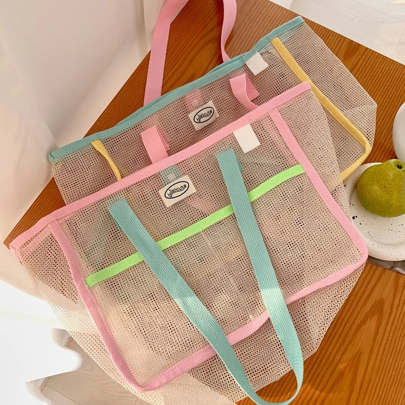 Ladies Summer Transparent Mesh Breathable Handbag Outdoor Beach Shower Handbag Large Capacity Beach Bags Portable Swimming Tote