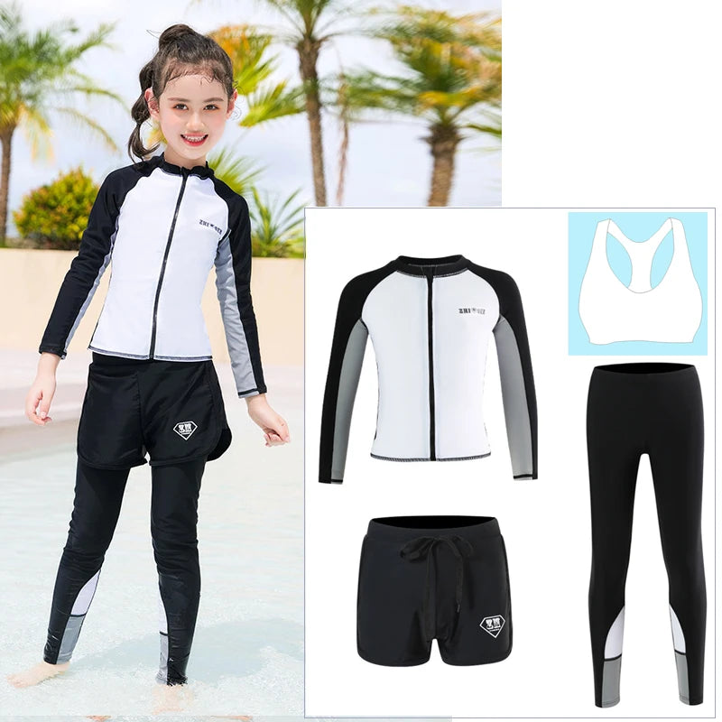 Girls Youth Long Sleeve Swimsuit Four Piece Rash Guard Bathing Suit Zip Tops Long Pants Swimwear Kids Bathing Suit Athletic