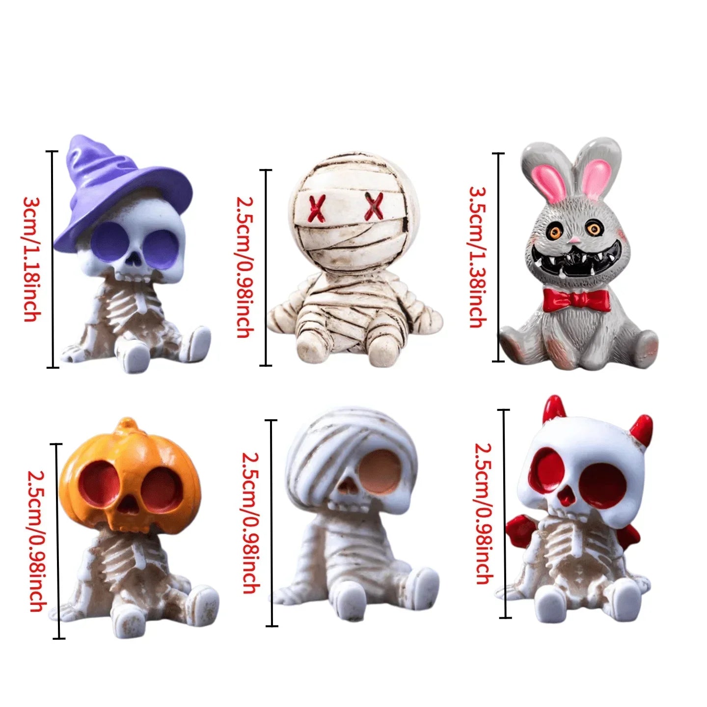 6Pcs Halloween Miniature Figurines Resin Skeleton Mummy Statues for DIY Micro Landscape Bonsai Car Desk Decor Party Gift