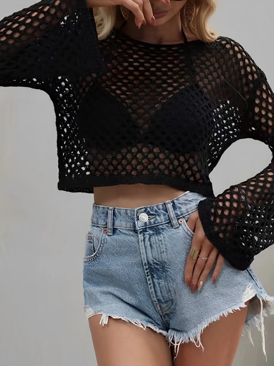 Mesh Crochet Beach Shirt Women Solid Cover Up Ladies Long Sleeve Tops 2026 Sexy Beachwear Bathers Swim Bathing Suit
