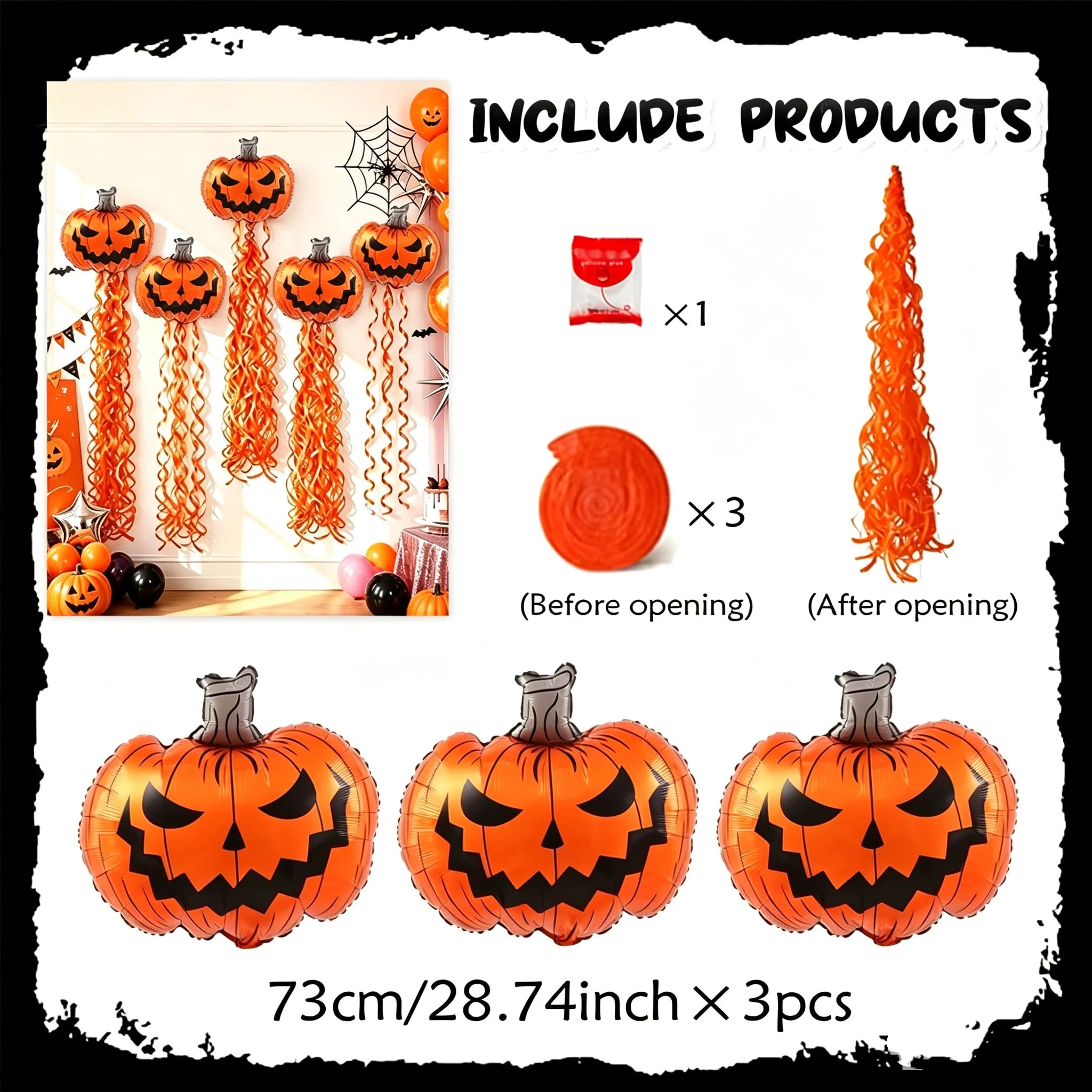7 Pieces--Halloween Decoration Supplies, Scary Pumpkin Balloons and Spiral Tassel Rain Curtain Set, with Adhesive Dots, Suitable for Halloween Parties, Trick-Or-Treating, Birthday Parties, and Horror Celebration Backdrop Deco