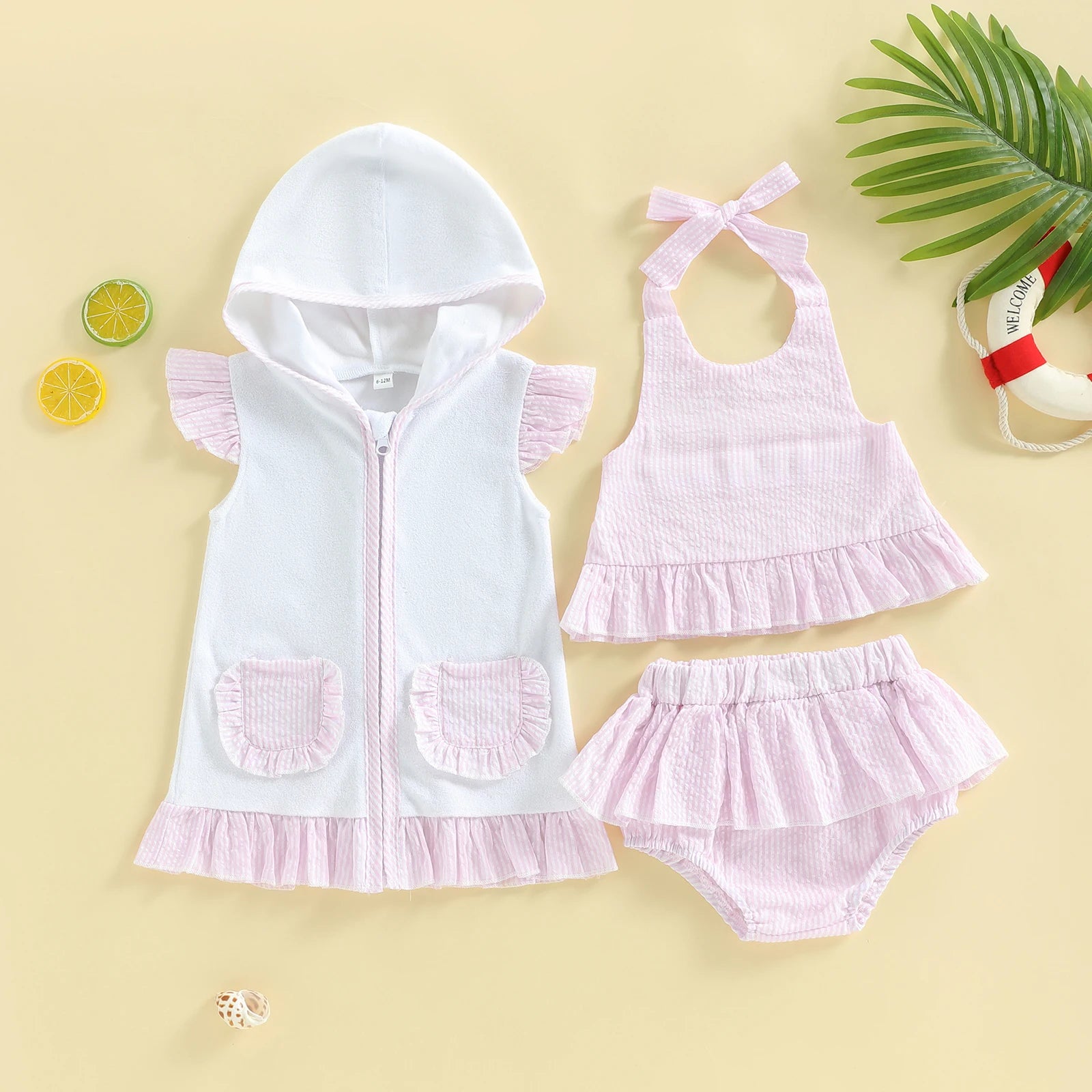 FOCUSNORM 0-3Y Lovely Toddler Baby Girls Three Piece Swimsuit Sleeveless Halter Top Bikini Bottom Cover-up Set Bathing Suits