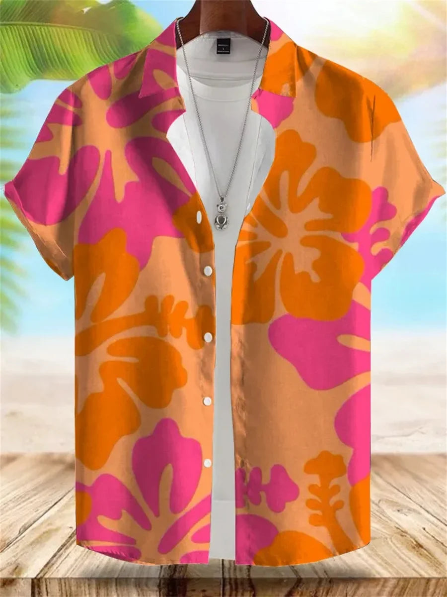 2026 Summer New Men's Tropical Floral Print Short-Sleeve Shirt, Casual Loose Fit, Vacation Style, Beachwear, Hawaiian Shirt