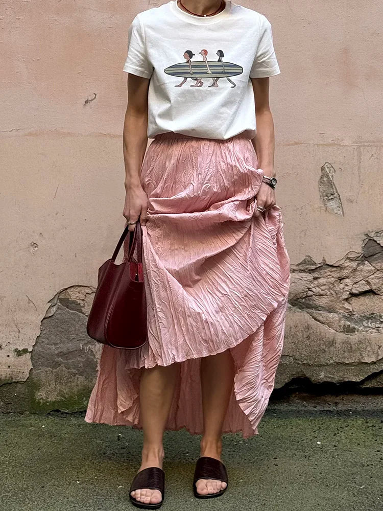 Streamgirl Women Summer Skirts Long Pleated A Line Elegant Solid Big Swing Maxi Skirt Ladies Blue White Beach Skirt Women Luxury