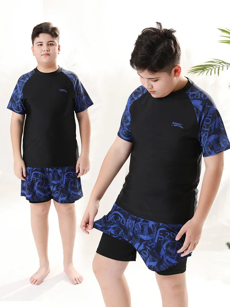 Children's Swimwear with Cap, Split Body, Short Sleeve, Two Piece Swimsuit for Men, Teenagers, Boys, New, Hot Spring Set, 2024