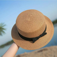 COKPanama Simple Summer Beach Sun Protection Bowknot French-style Small Hat Women's Casual Flat-Brimmed Straw Hat with Bow，Women