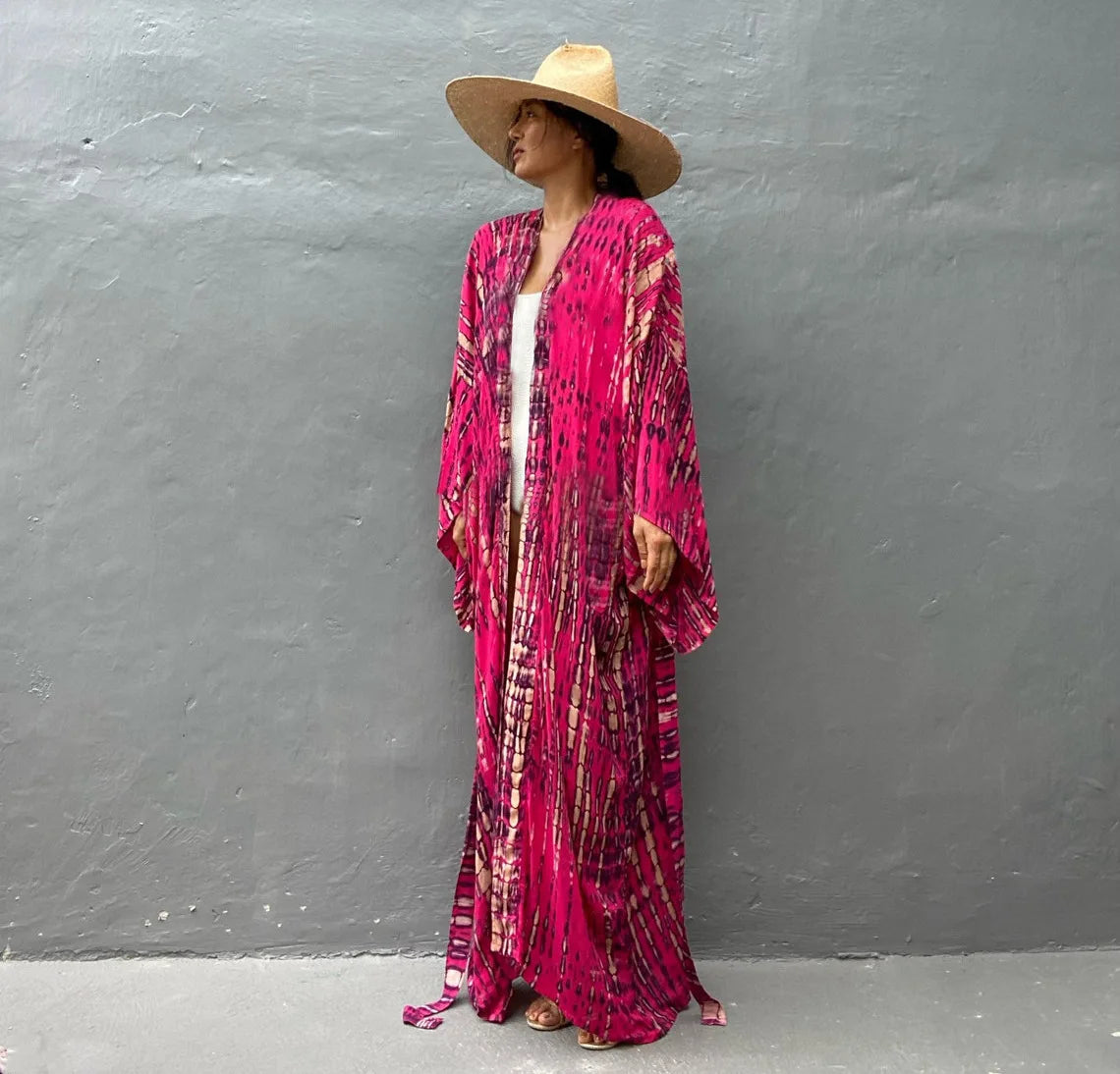 Women's Boho Stripe Tie Dye Swimsuit Cover Up with Belt Tunic Sarong Cardigan Dress Bikini Cover-ups Beach Wear Kimono