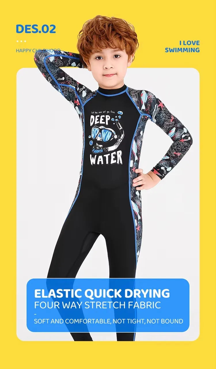 Girl Boy Swimwear Zipper One Piece Suit Kids Sunscreen Quick Drying Long Swimsuit Beachwear Bathing Suit(Including Swimming Cap)