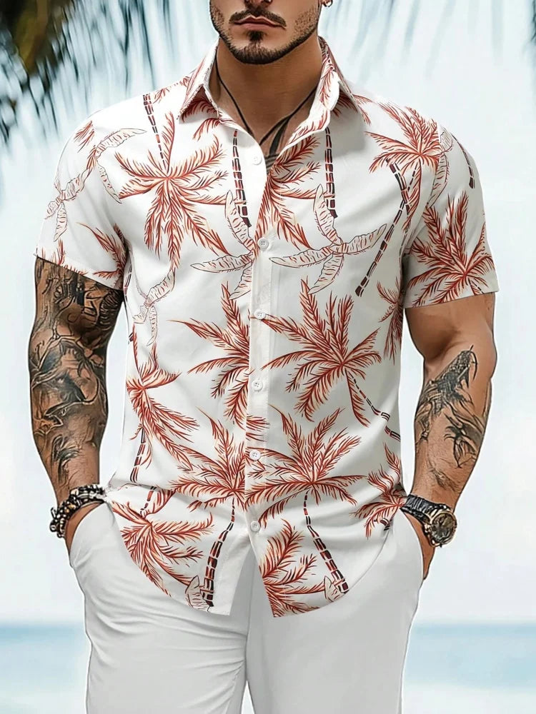 Summer Men's Lapel Shirt Tropical Simple Floral Print Hawaiian Style Street Trend Casual Single-breasted Short-sleeved Shirt