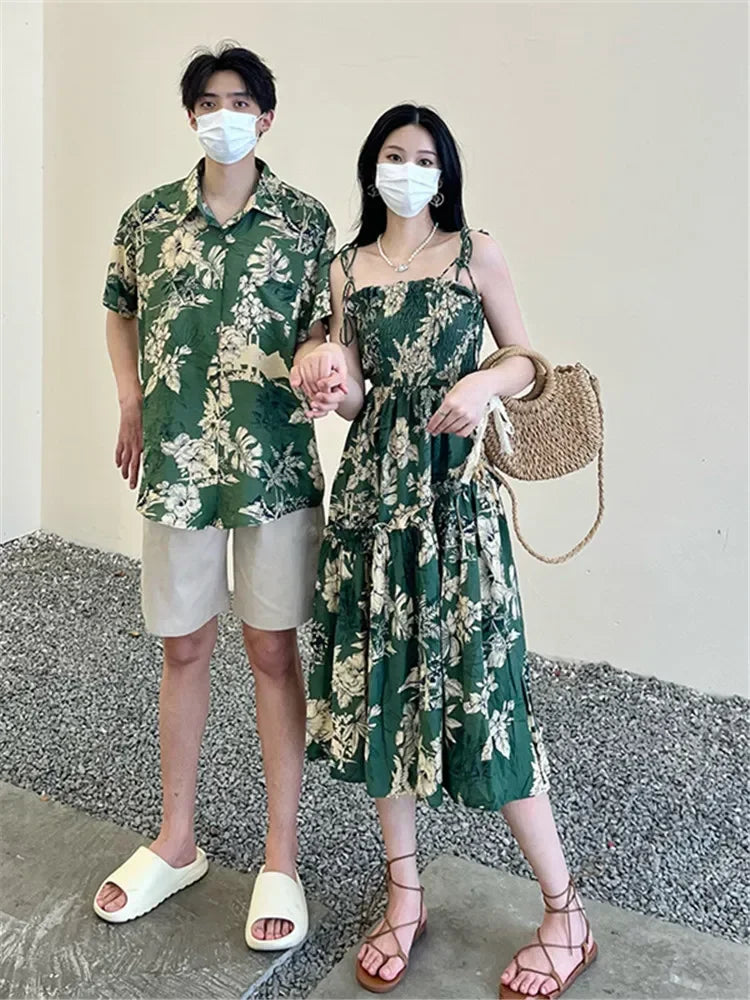 Holiday Family Matching Beach Clothes Couple Vacation Look Mom  Dress Resort Dad Son Print Shirts Outfits Daughter Smock Green