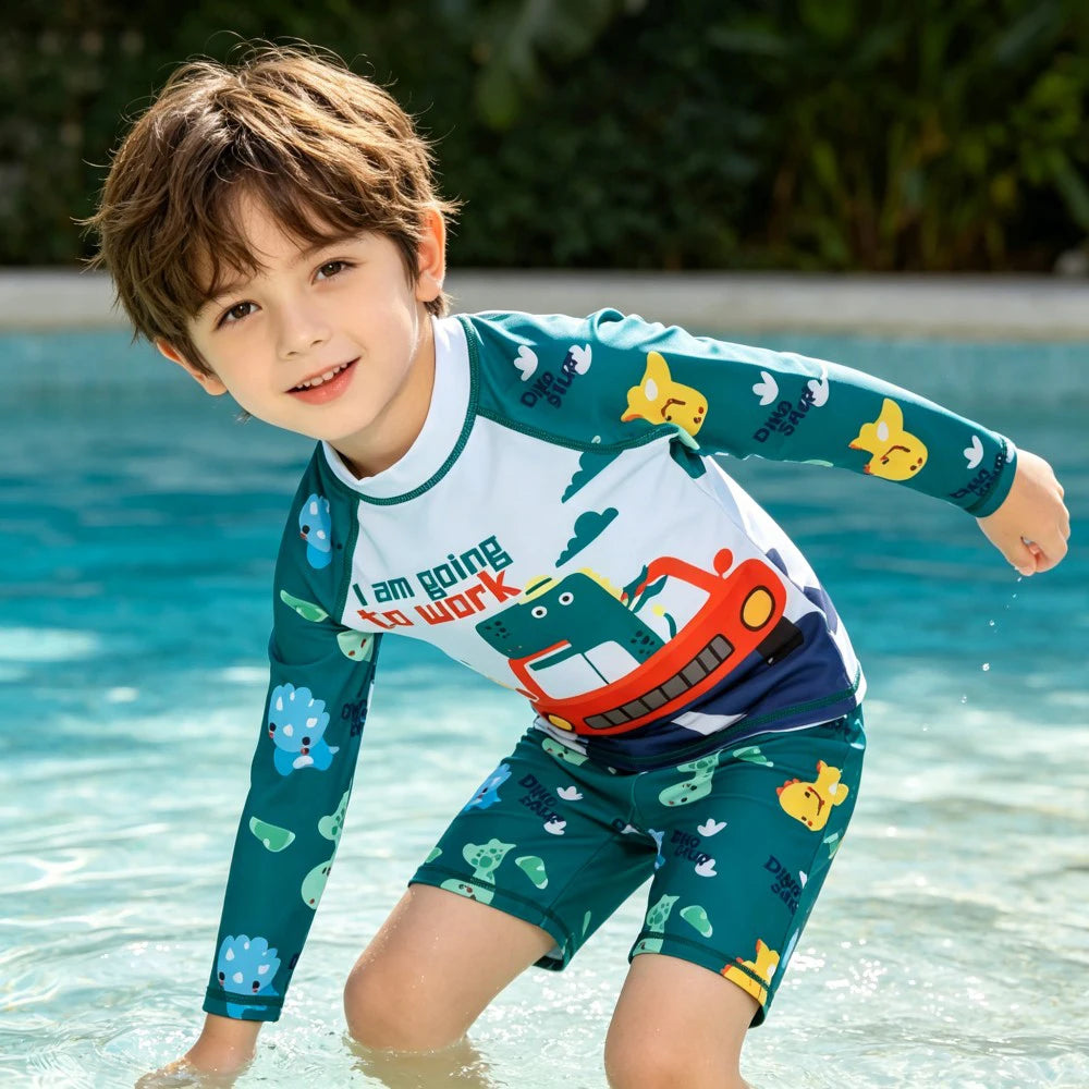 2Pcs Kids Long Sleeve Swimwear Set Boys Girls Cartoon Rash Guard Swimsuit Sun Protection Beachwear for Children Toddlers