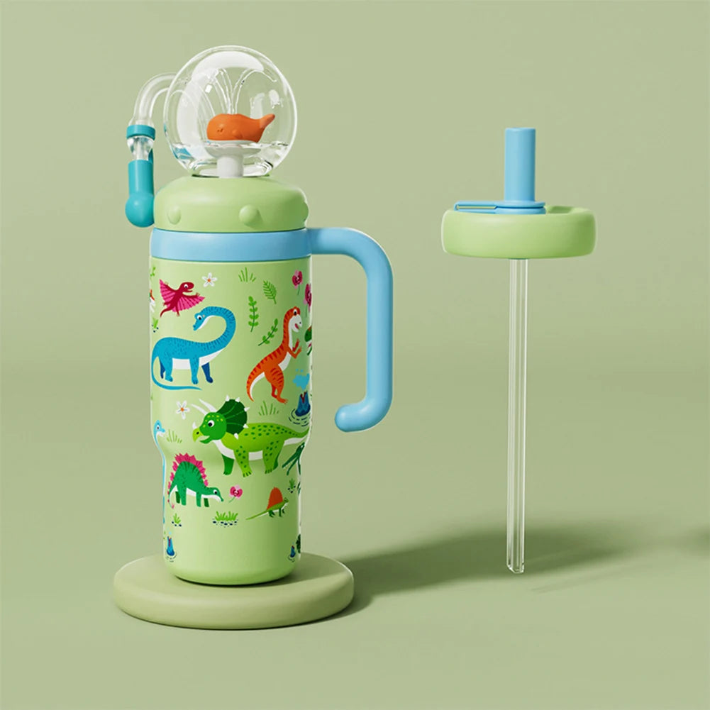 710ML Stainless Steel Whale Fountain Tumbler with Handle Leak Proof Whale Squirt Drinking Cup Water Bottle with Straw Creative G